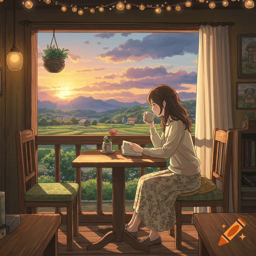 A woman reads a book and sips coffee by a window overlooking a village sunset, in anime style.