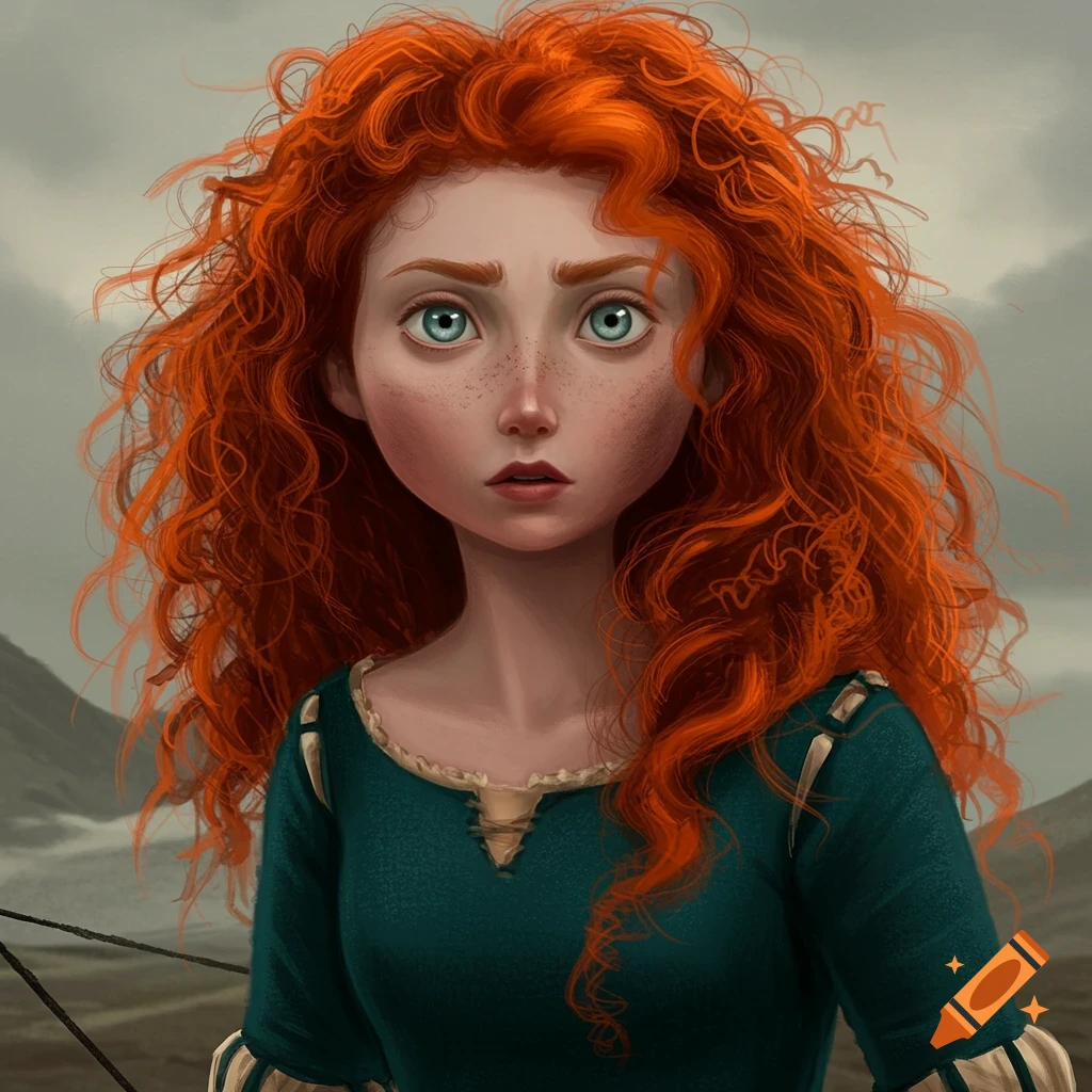 Portrait of Merida from Brave with disheveled hair, worn clothes, and eyes looking in different directions.