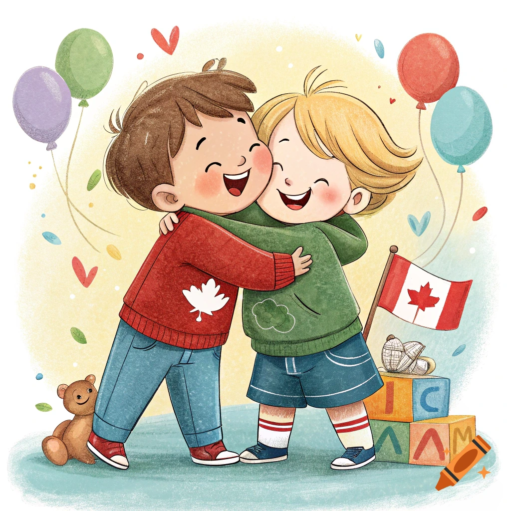 Illustration of two cartoon children hugging with balloons and a Canadian flag.