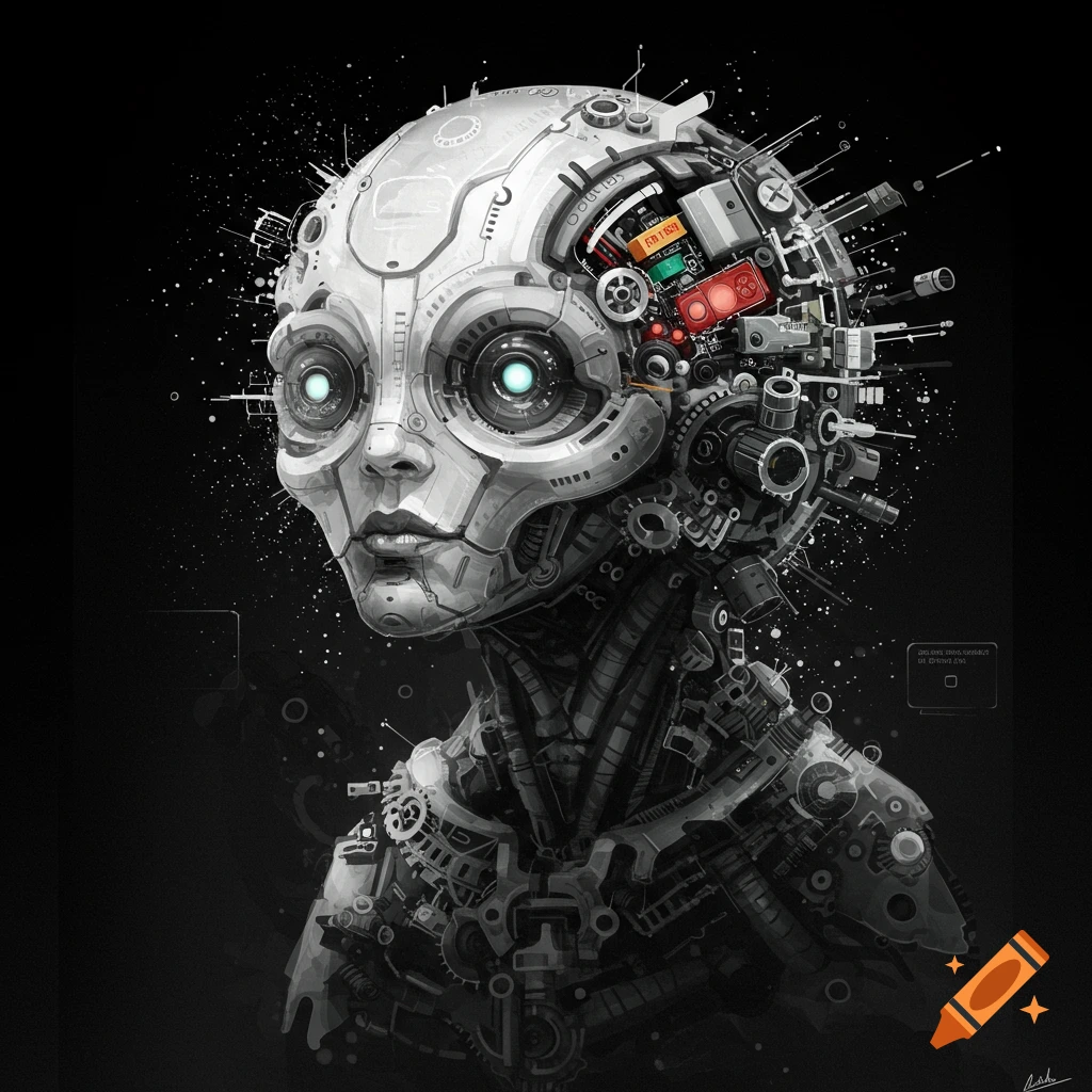 A cyborg head and torso composed of detailed mechanical parts and circuitry in black and white.