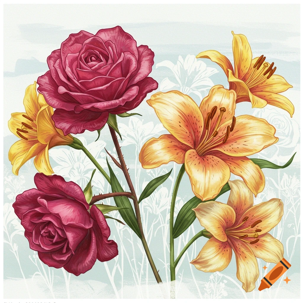 Pink roses and yellow lilies