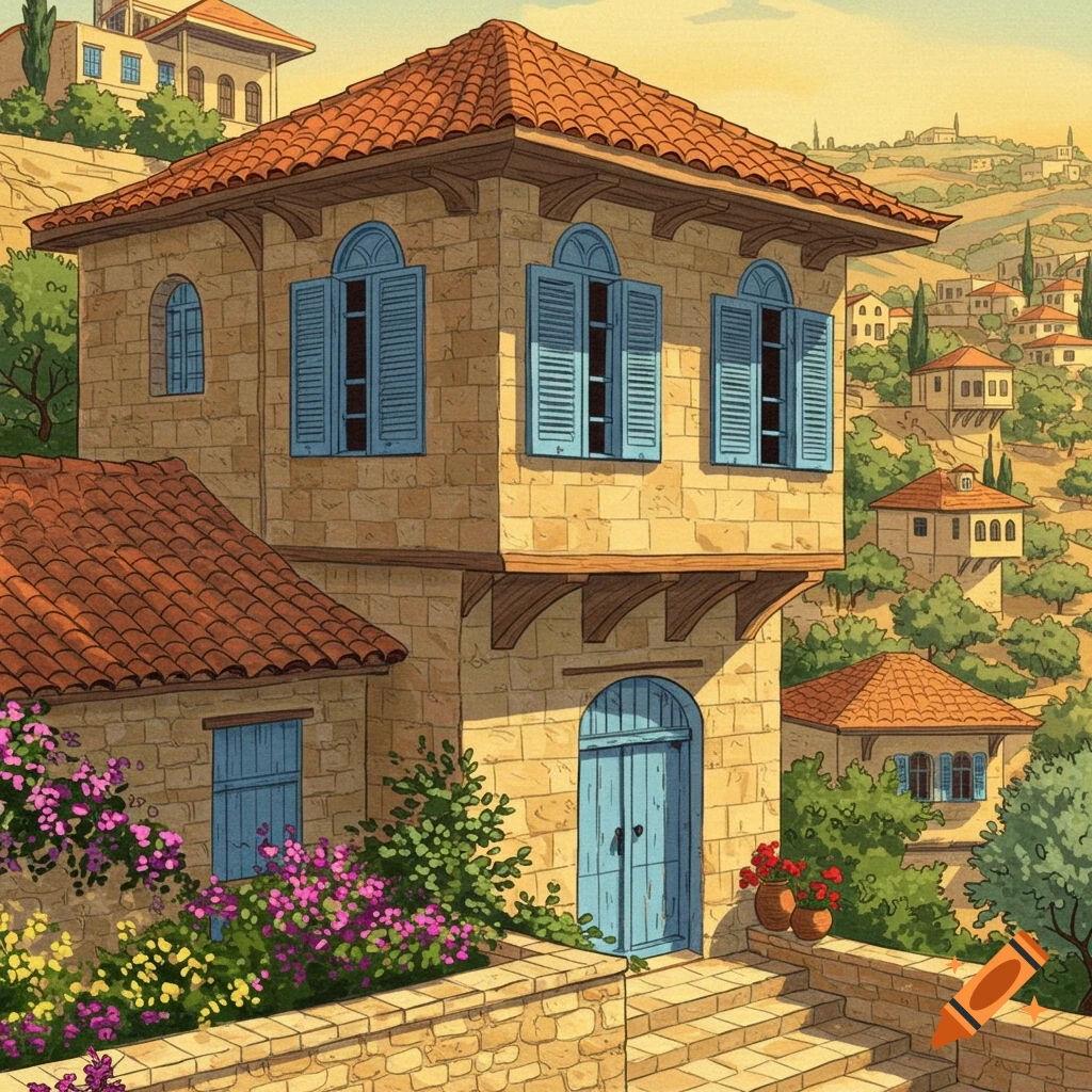 Painting of a traditional stone house with red roof and blue shutters on a hill overlooking a village.