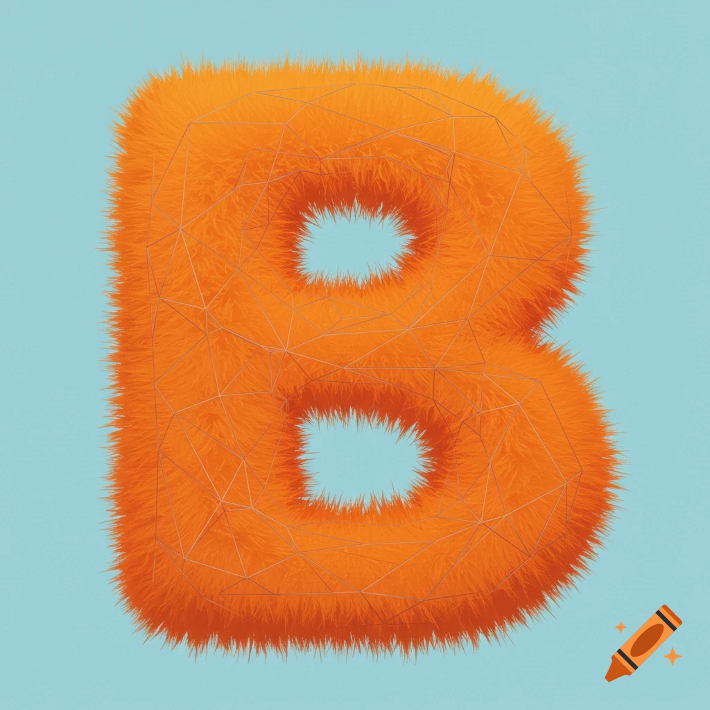 A large, fuzzy orange letter B with a white wireframe overlay, centered on a light blue background.