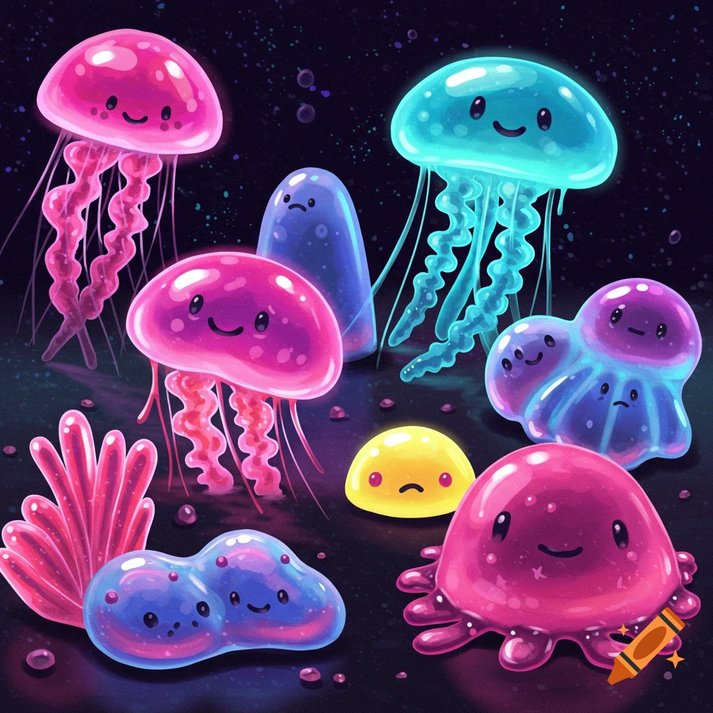Colorful depiction of cute, smiling jelly creatures underwater