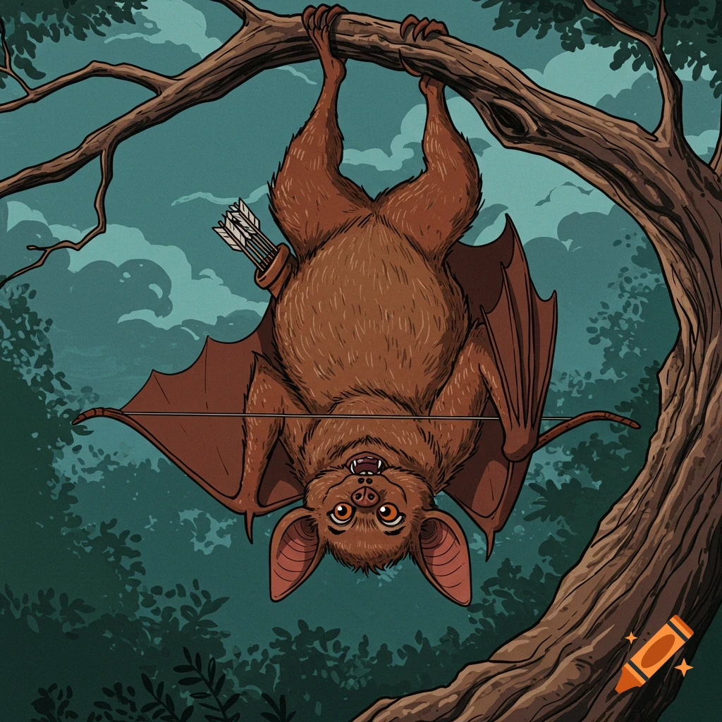 A bat hangs upside down from a branch, holding a bow with a quiver of arrows.