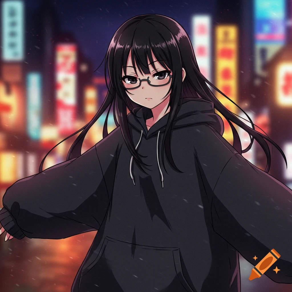 Anime girl with black hair and glasses in a black hoodie stands before blurry city lights.