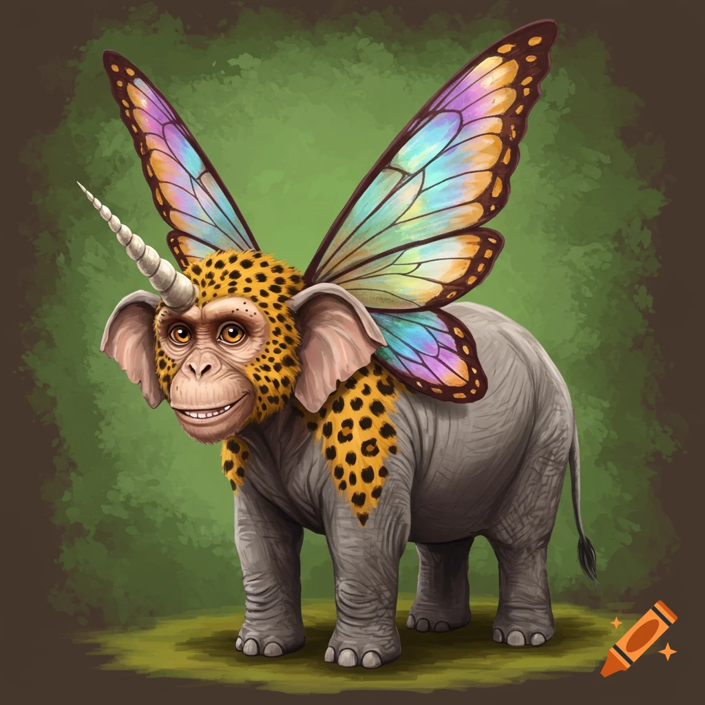 A fantasy creature with a monkey face, unicorn horn, elephant body, butterfly wings, and cheetah print skin.
