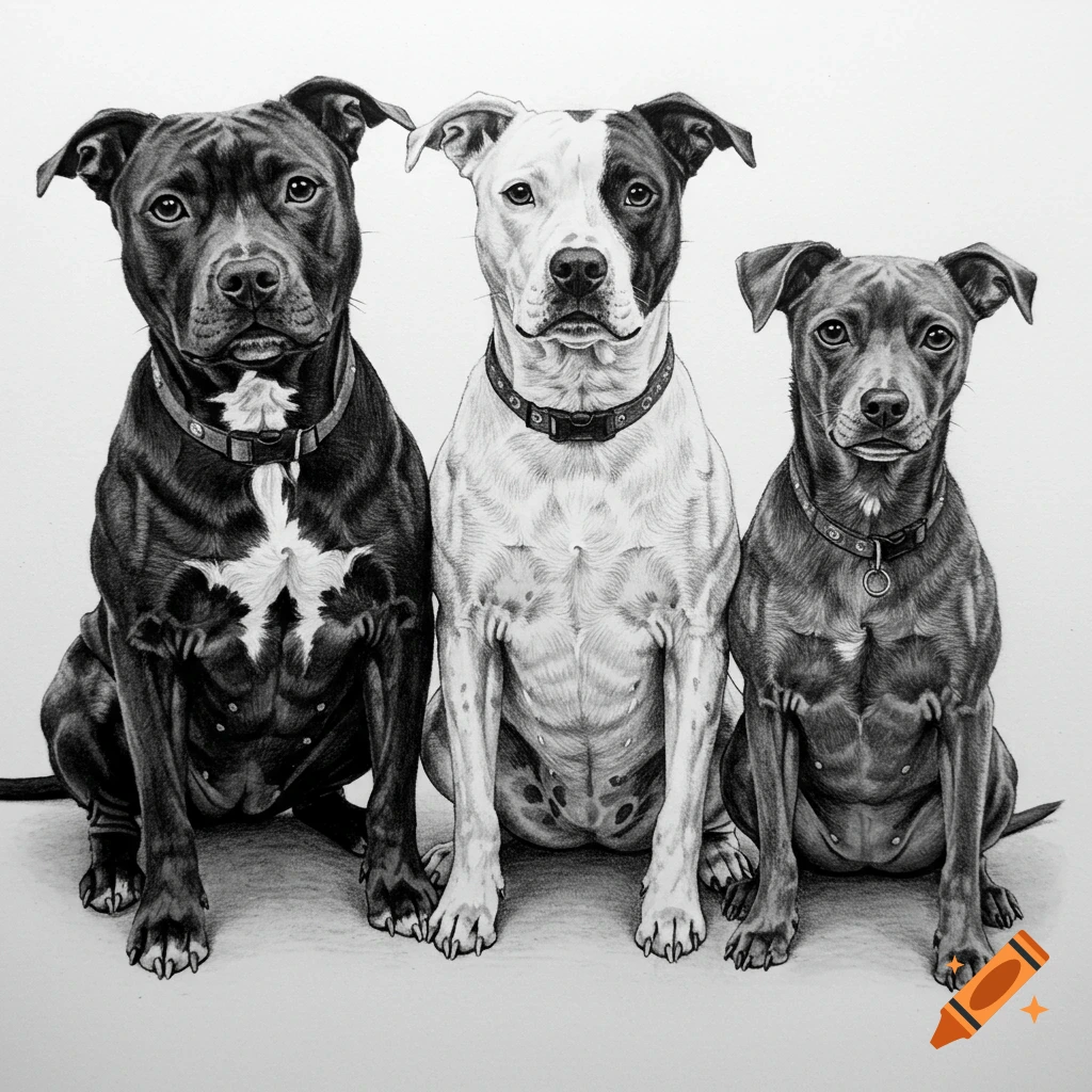 Black and white pencil drawing of three dogs sitting: one black, one white with black spots, one brown.