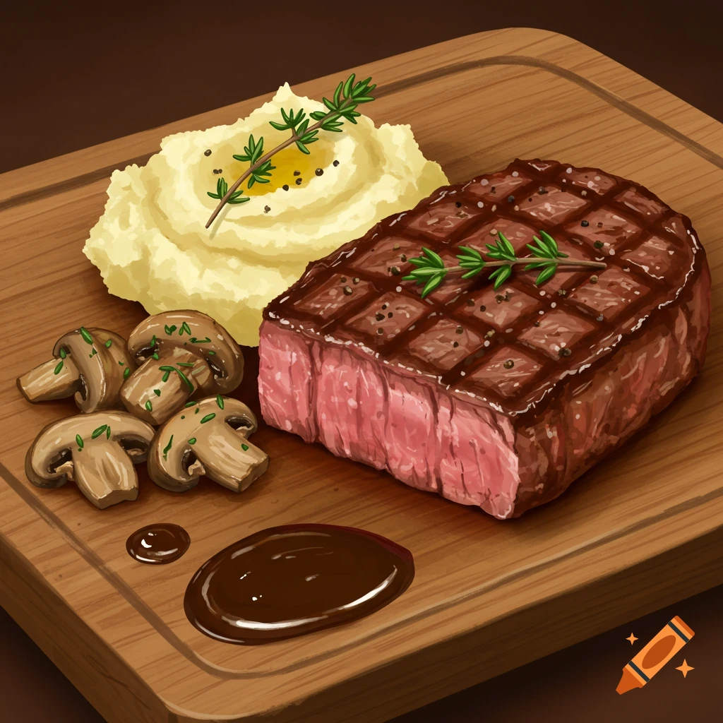 A steak with mashed potatoes, mushrooms, and gravy on a cutting board.