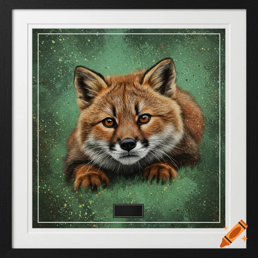 A fox in a frame against a green splattered background