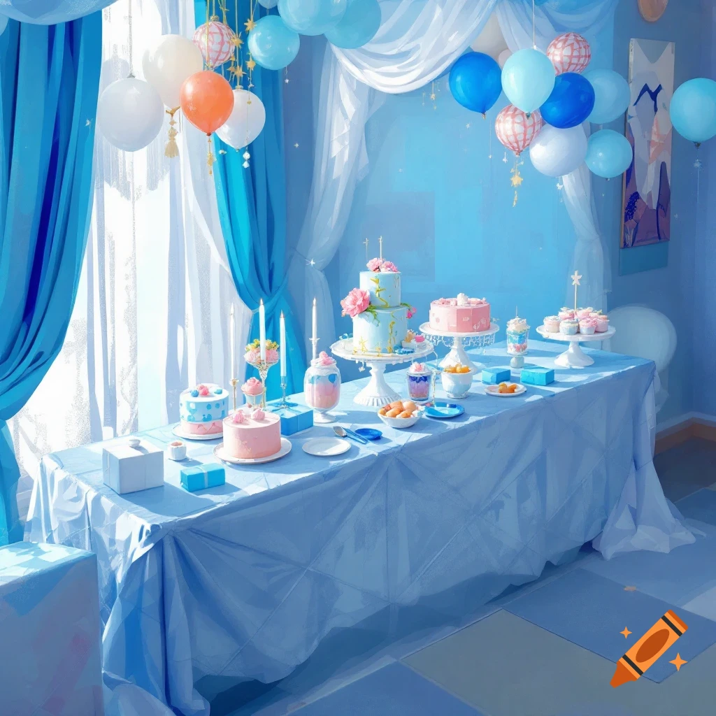 A party table laden with cakes and desserts, decorated with blue, white, and orange balloons.