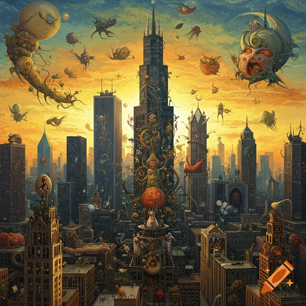 A cityscape teeming with grotesque monsters and creatures, in the style of Hieronymus Bosch.