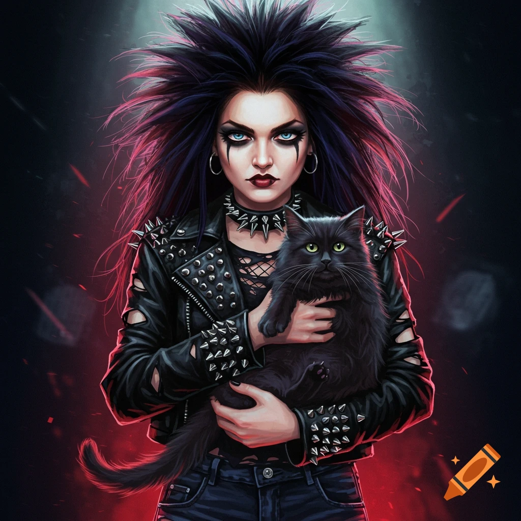 A heavy metal woman with spiky dark hair holding a black cat.