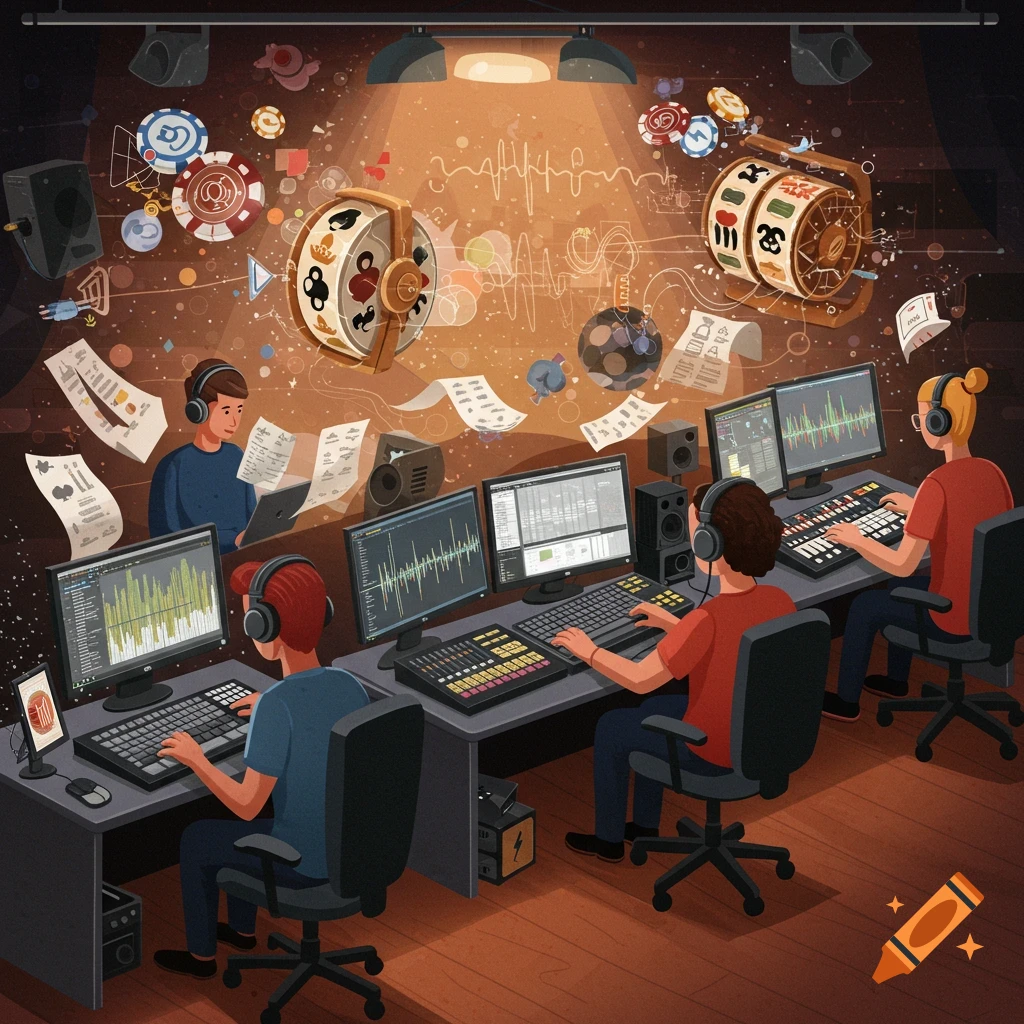A stylized illustration of an audio production team working at computers with floating music sheets, waveforms, and casino symbols.