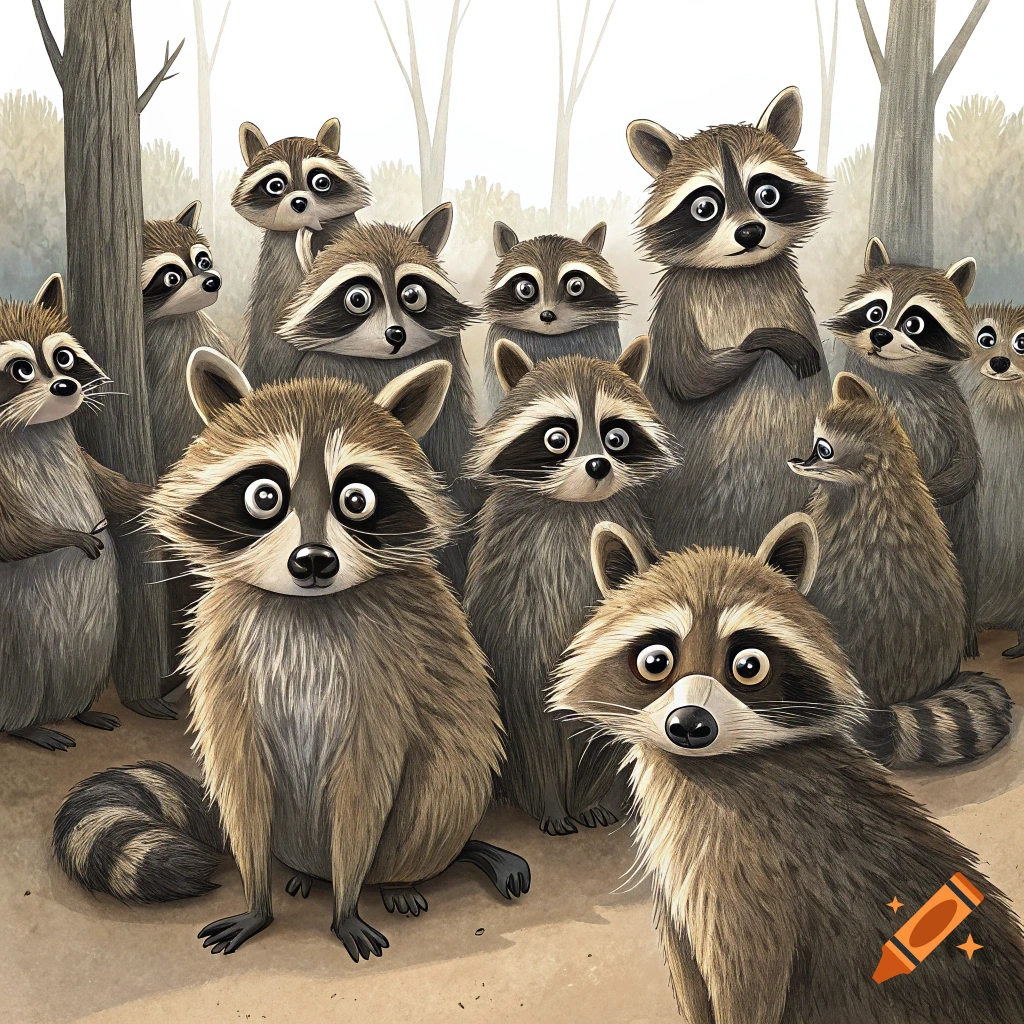 A crowd of raccoons looks directly at the viewer in a forest setting.