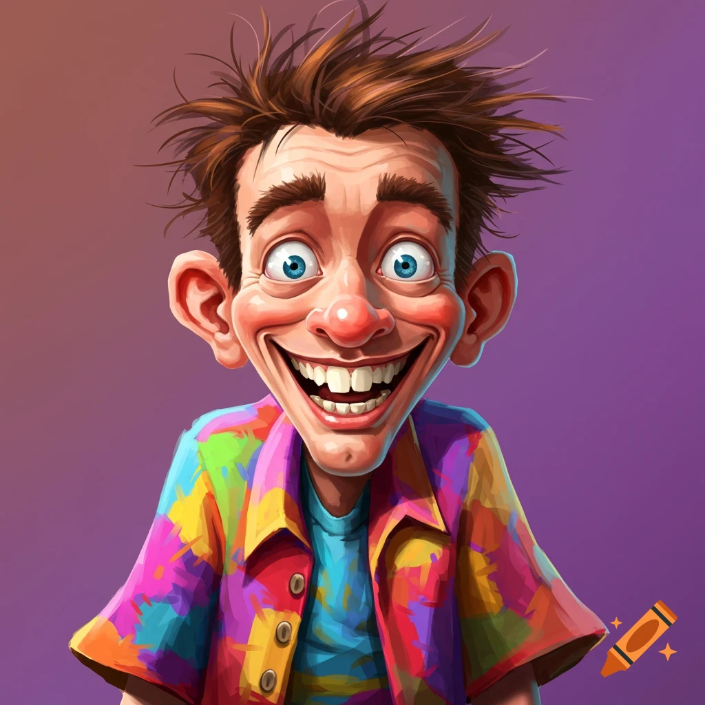 Caricature of a man with wild hair and a huge smile wearing a colorful shirt.