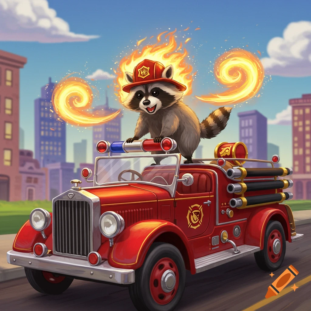 A cartoon raccoon on a fire truck with a flaming helmet.