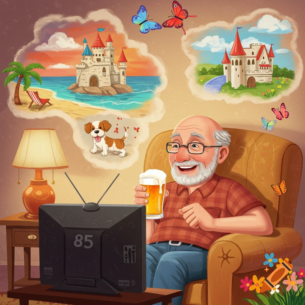 A happy elderly man watches TV, holding a beer, and dreaming of castles, a beach, and a dog.
