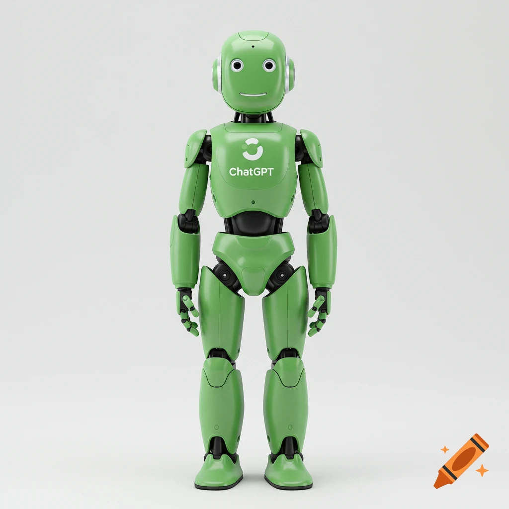 A green humanoid robot with a smiling face and the ChatGPT logo on its chest stands on a white background.