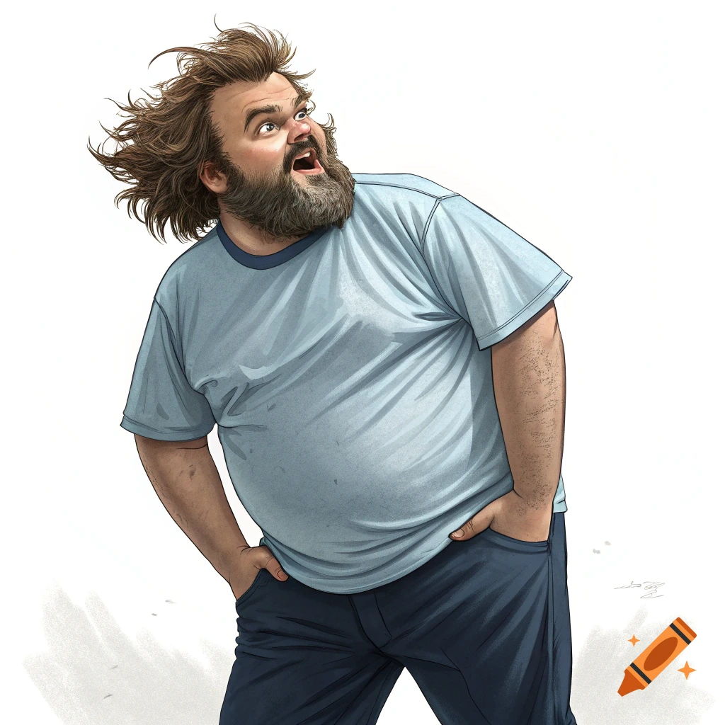 Illustration of a man with wild hair and beard, wearing blue shirt and pants, looking up in surprise.