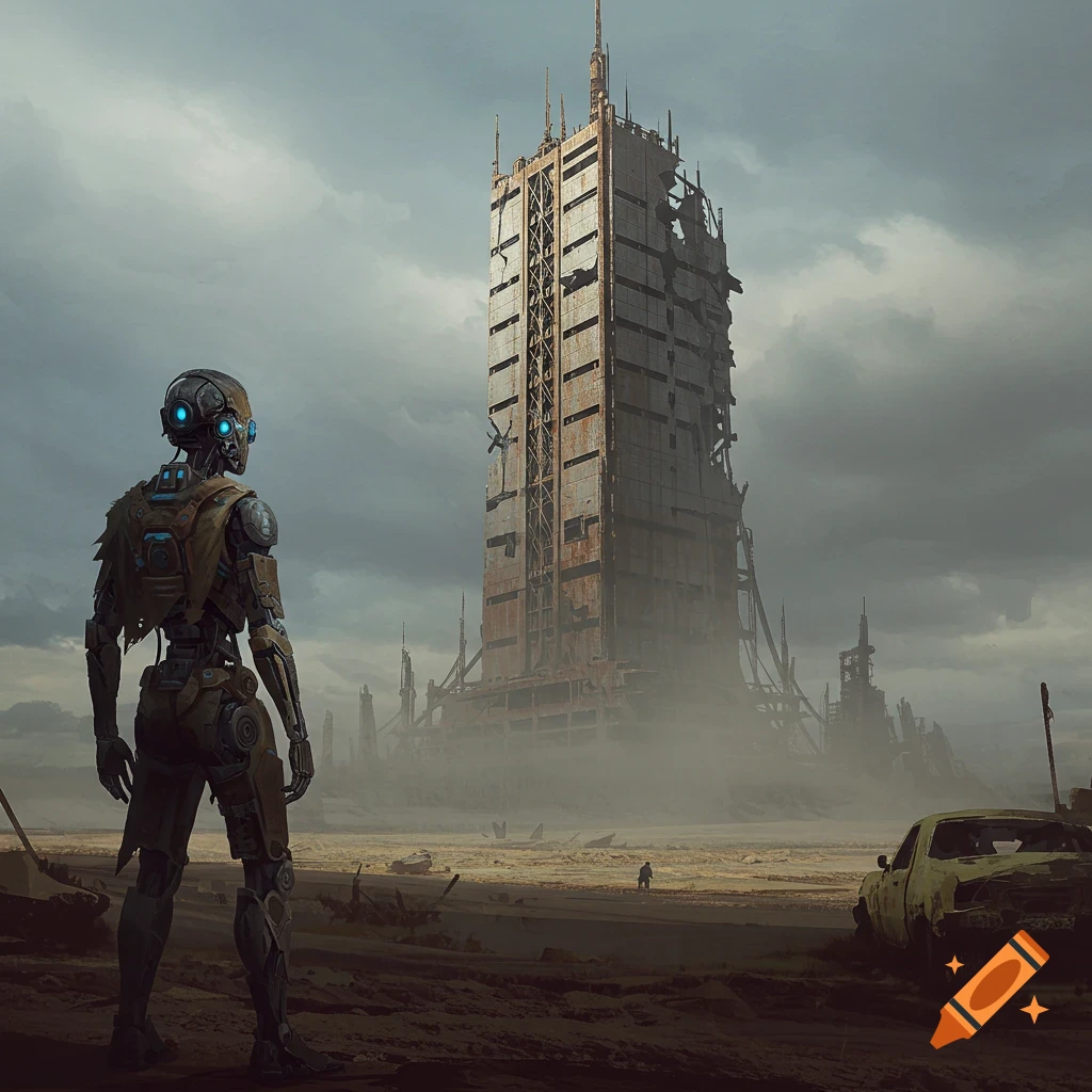 A robot stands in a desolate landscape, looking at a ruined skyscraper.