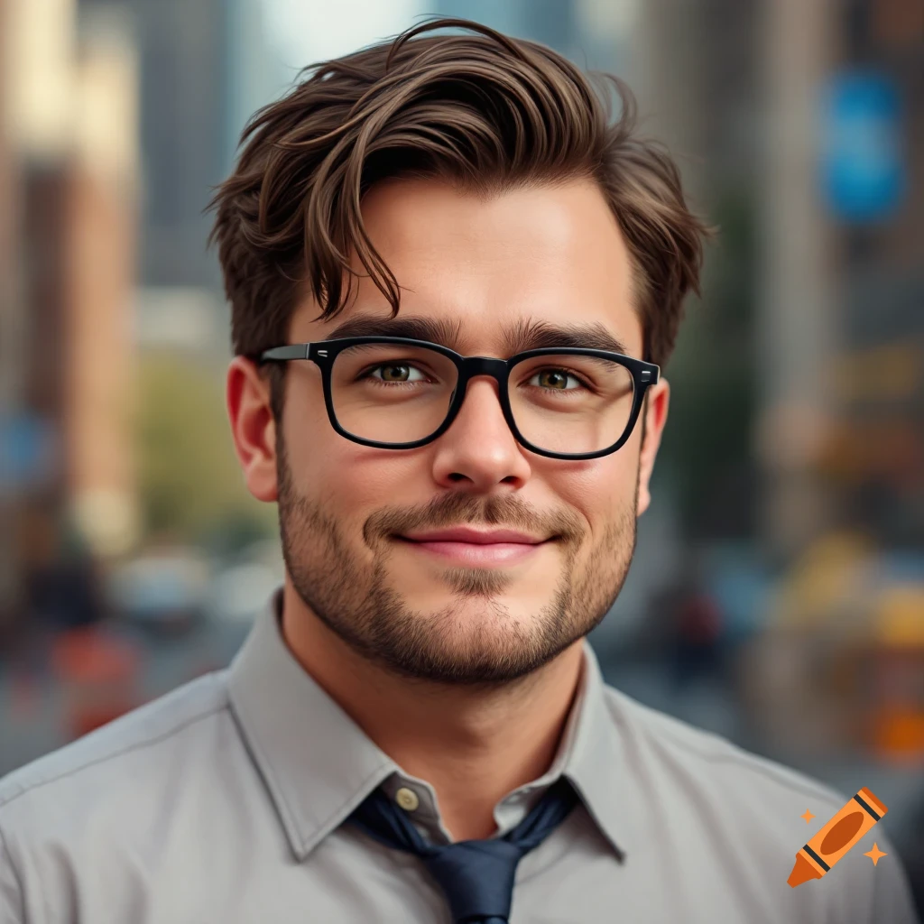 Photorealistic portrait of a smiling man with glasses and a tie in a city setting.