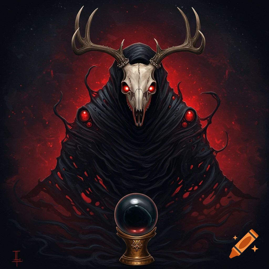 A figure in a black cloak with a deer skull mask and red eyes is holding a crystal ball.