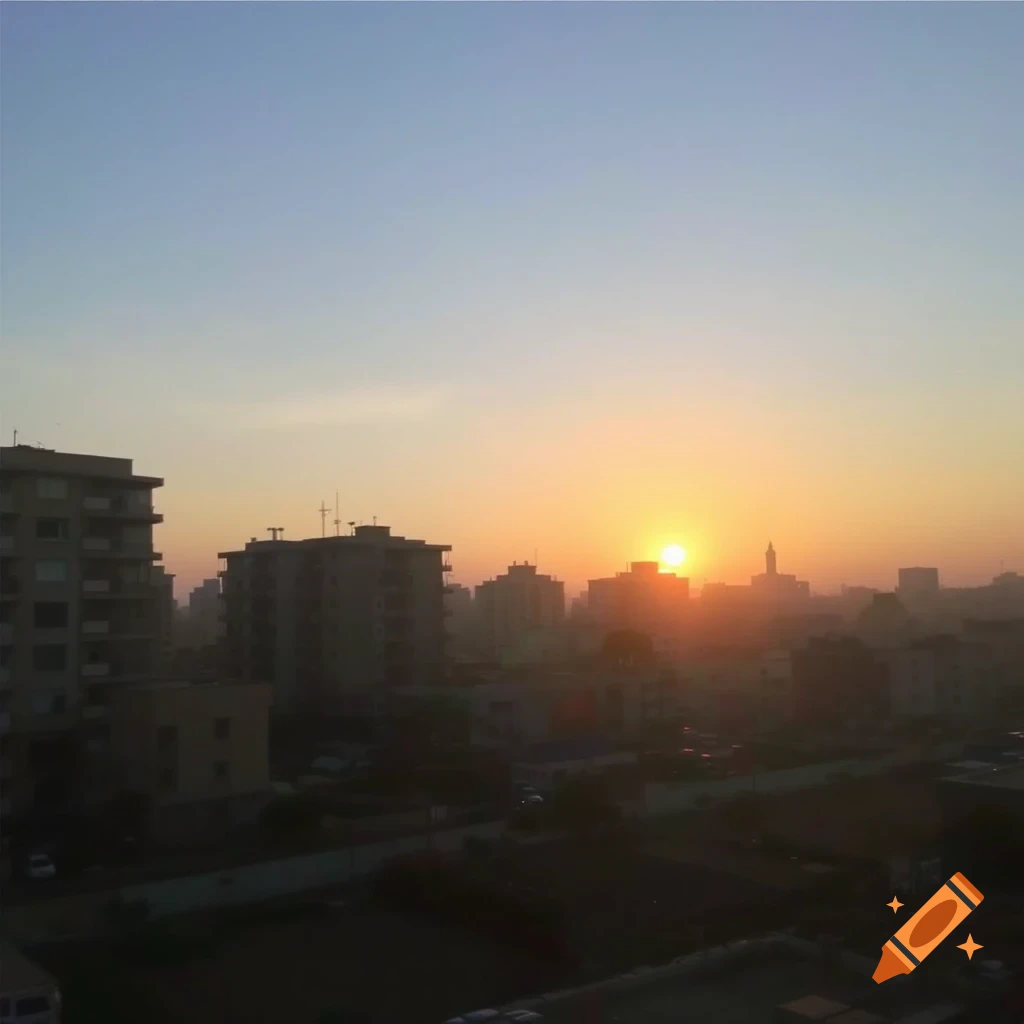 A city skyline is silhouetted against a vibrant sunset.