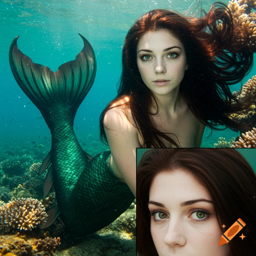 Photorealistic image of a mermaid with green tail underwater near coral reef.