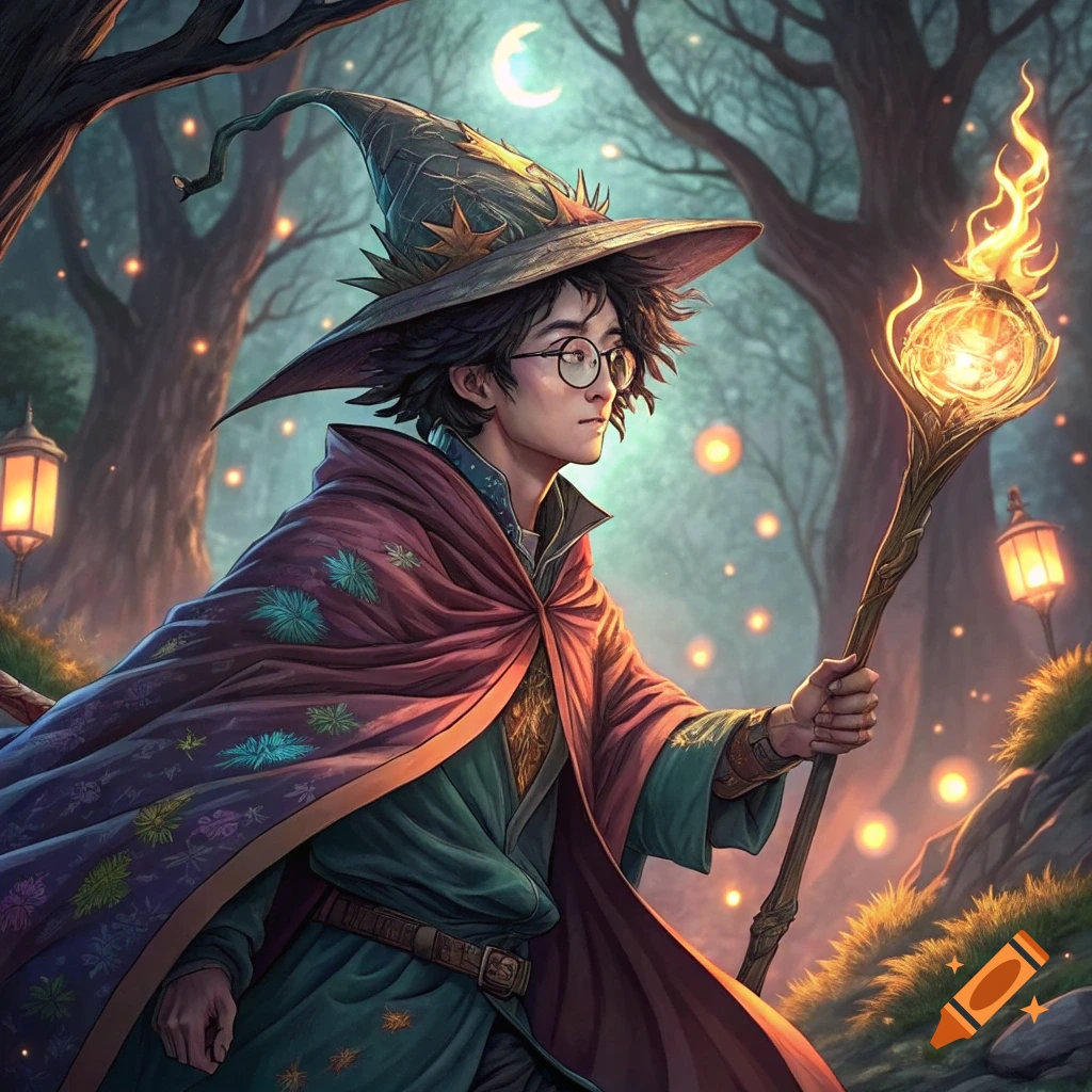 An anime-style wizard walks through a magical forest at night, holding a glowing staff.