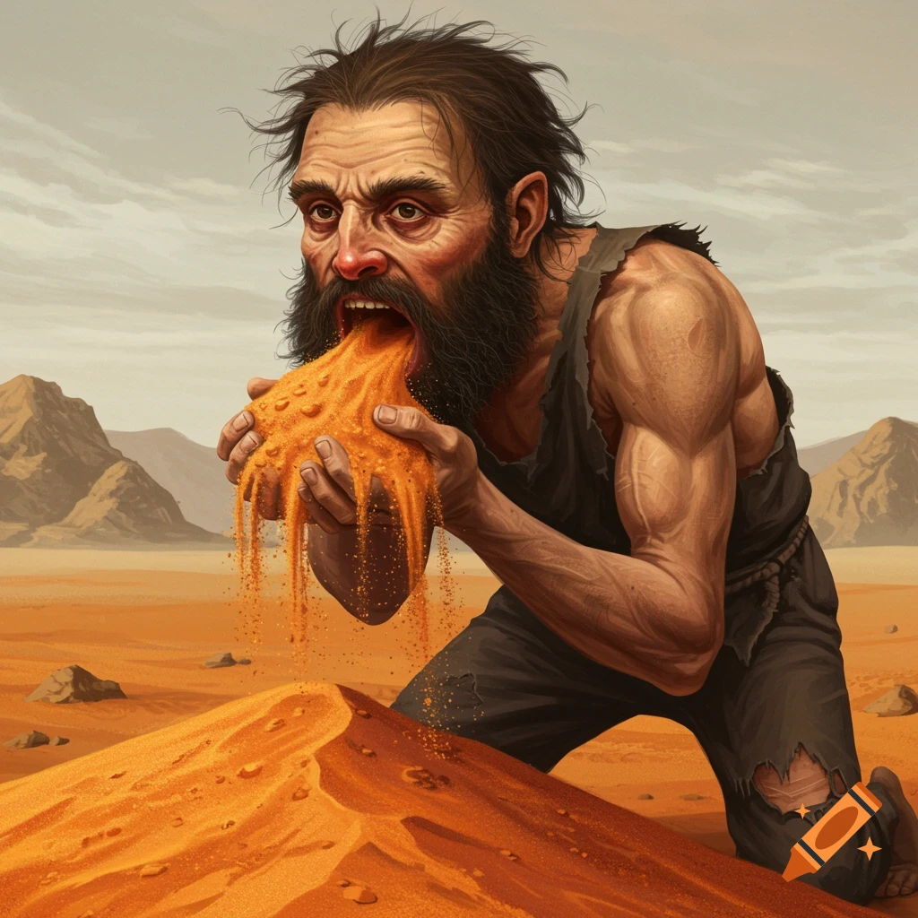 A gaunt man on his knees in a desert, vomiting orange sand while holding it.