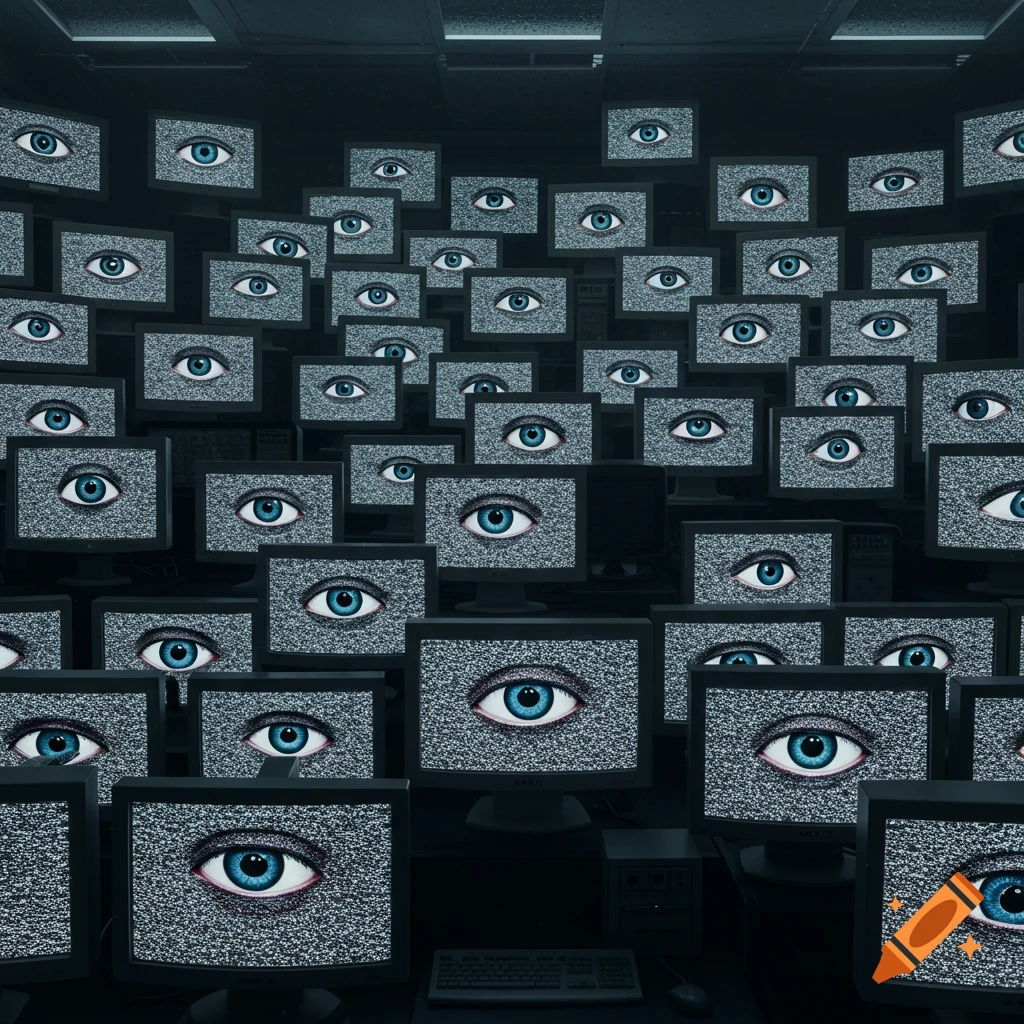 Many computer monitors displaying large blue eyes on their screens, creating a surveillance theme.