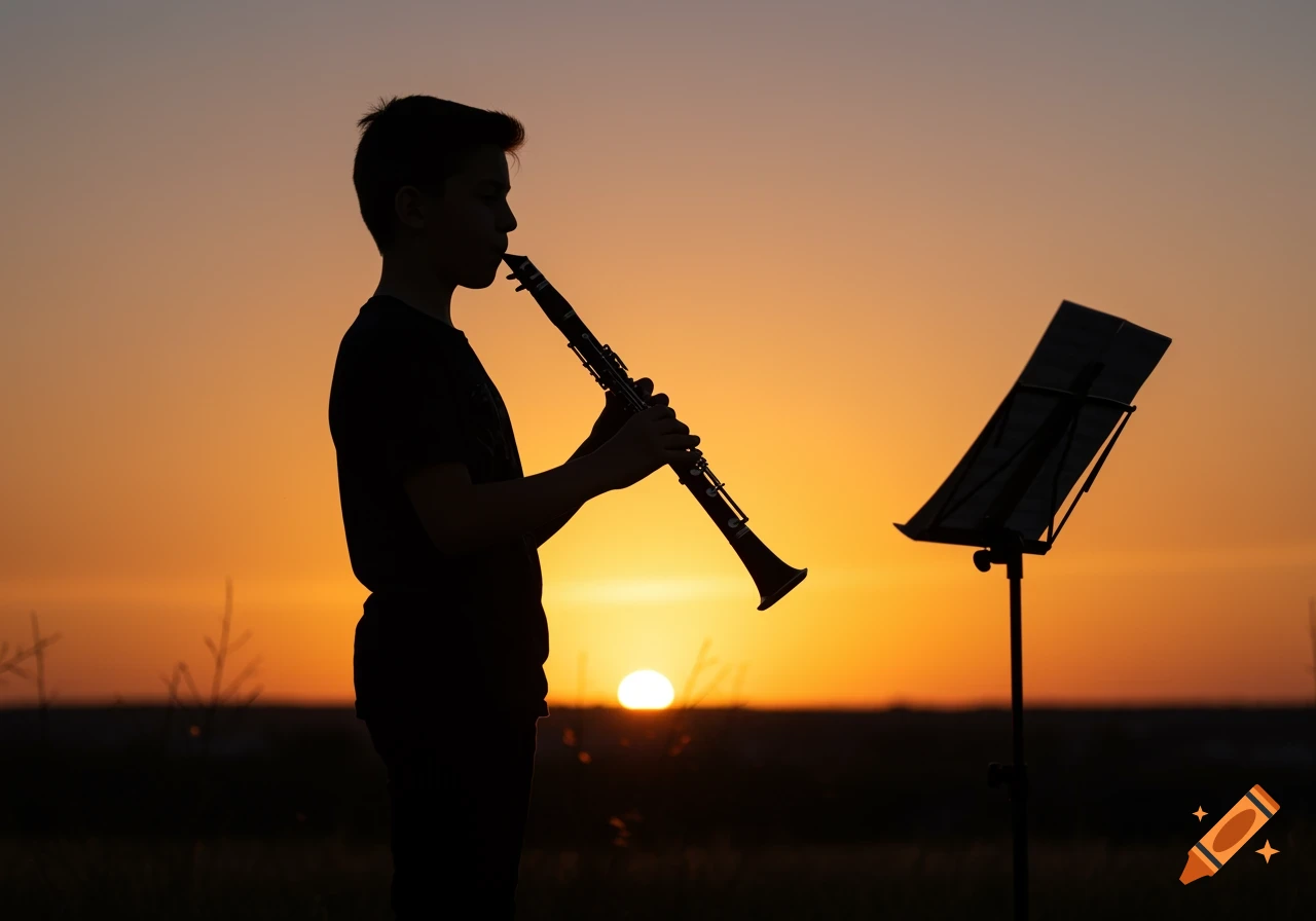 Silhouette of a child playing a clarinet against a vibrant sunset.