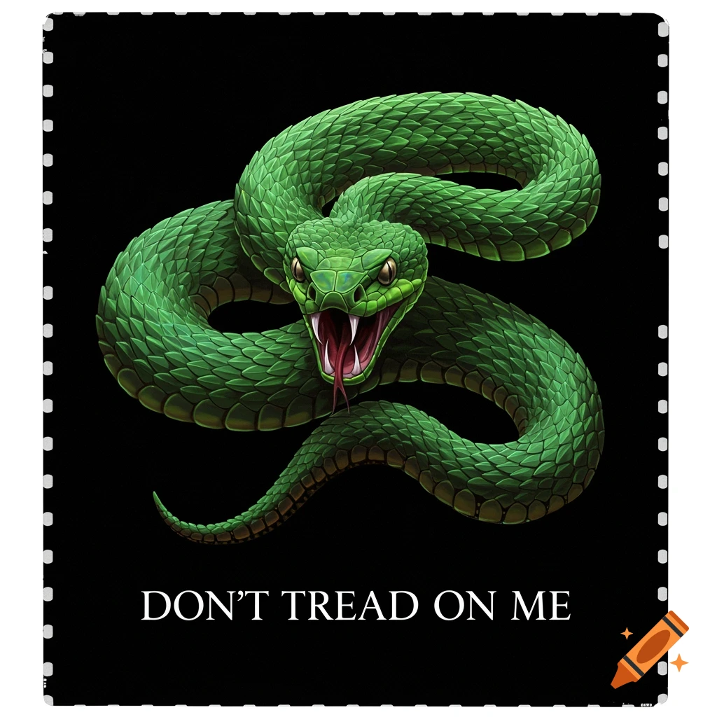 A coiled green snake with fangs bared, ready to strike, against a black background, with the text "DON'T TREAD ON ME" below it.