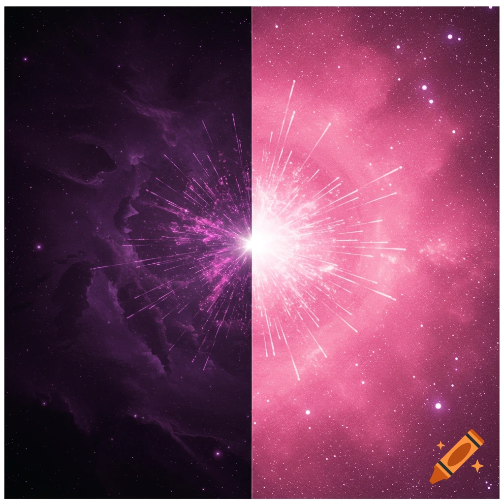 Split space image with purple nebula on one side, pink nebula on the other, and a bright starburst center.