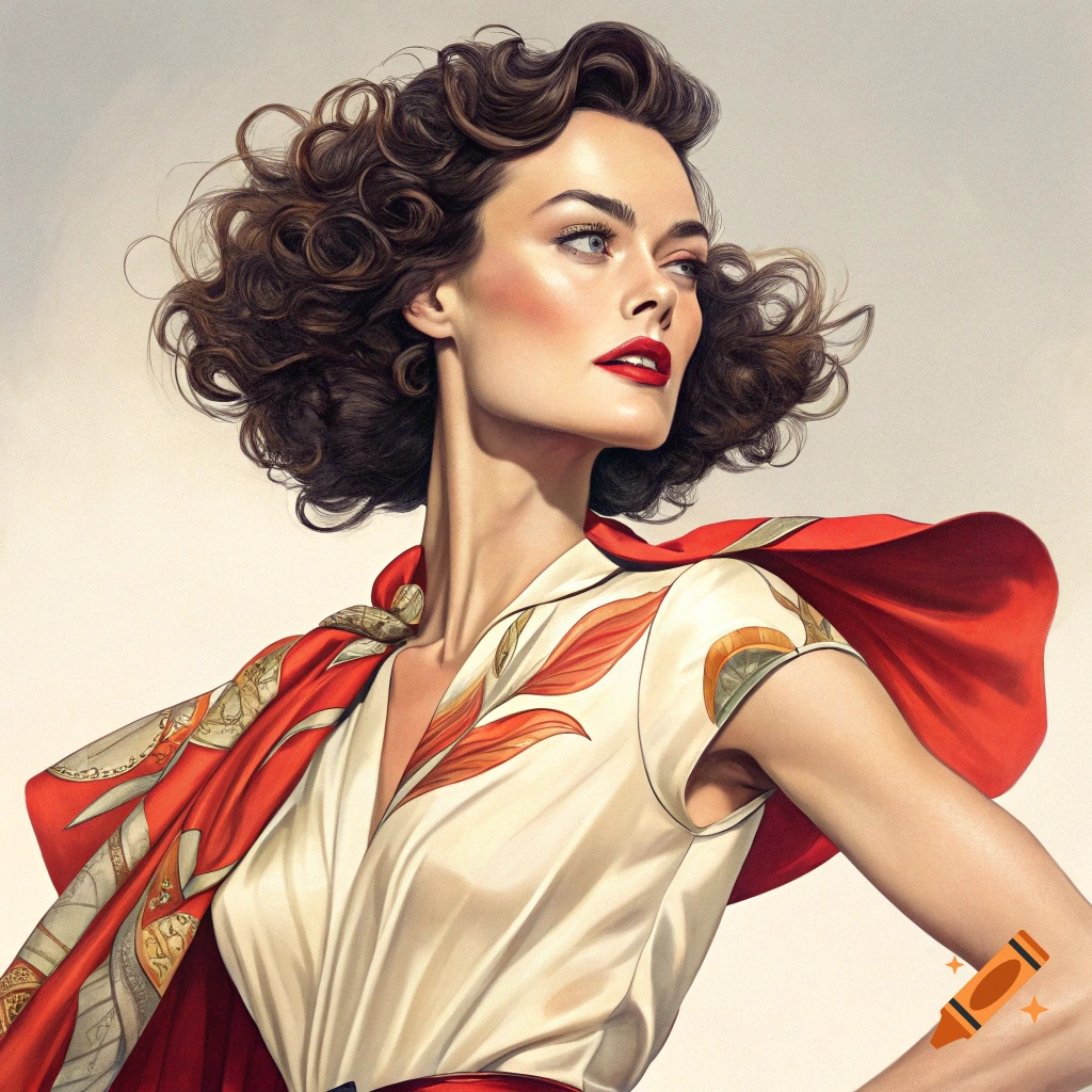 Portrait of a woman with curled brown hair and red lipstick, wearing a white dress with orange patterns and a red cape.