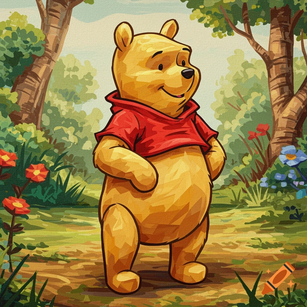 Cubist painting of Winnie the Pooh standing in a forest clearing.