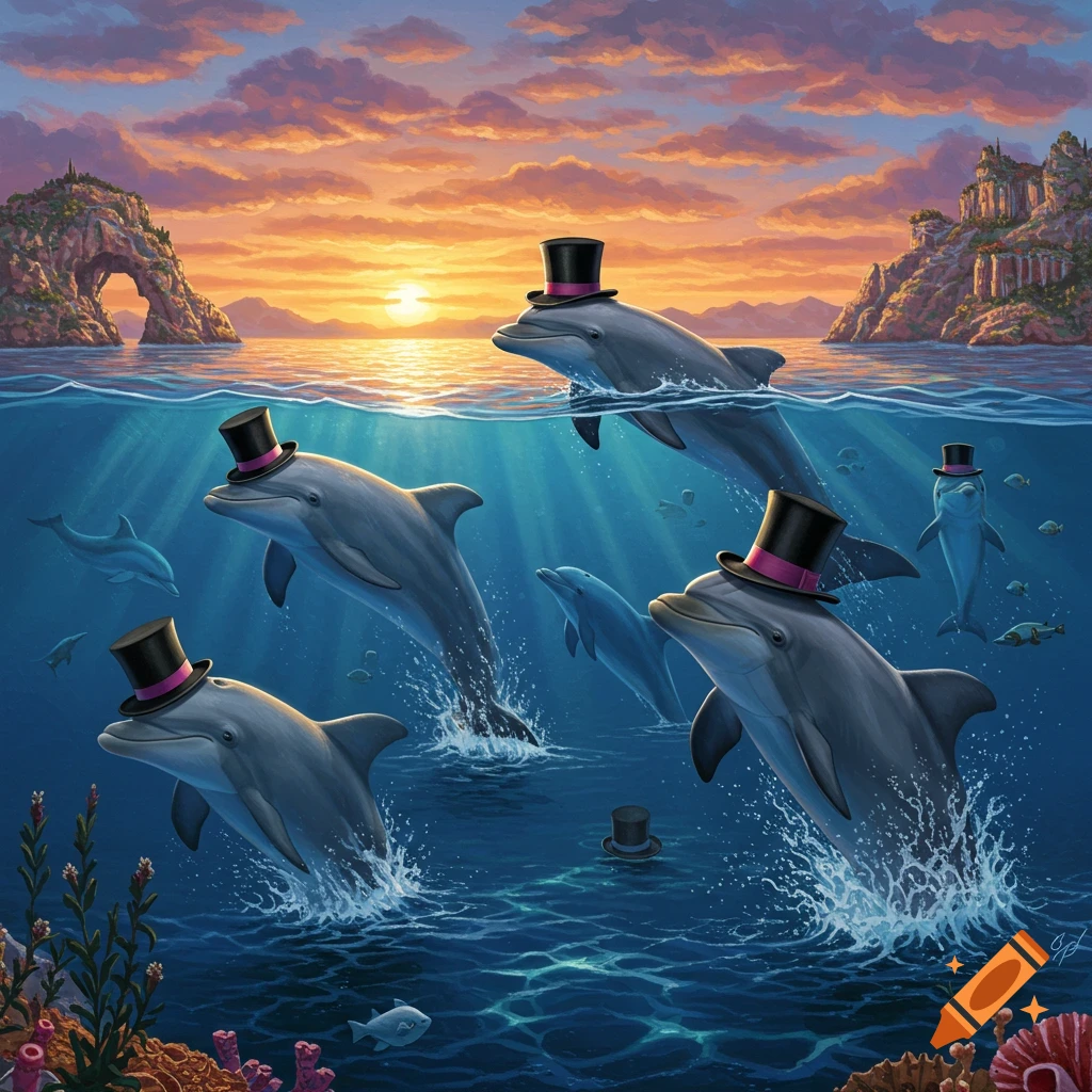Several dolphins wearing top hats jumping in the ocean at sunset near a coastline.