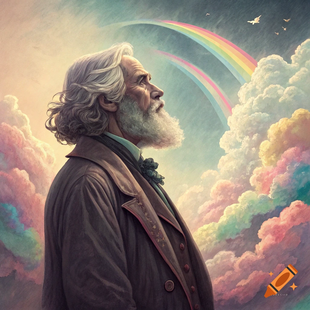 Portrait of an old man with white hair and beard looking up at a rainbow and colourful clouds.