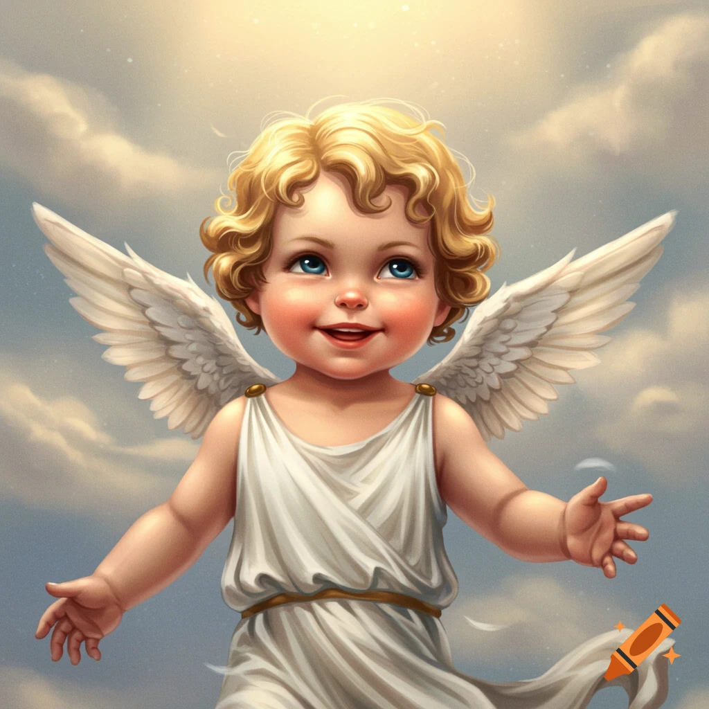 A cherubic baby with wings sits among clouds.