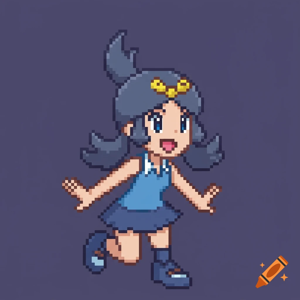 Pixel art of a girl in a blue dress and hat running