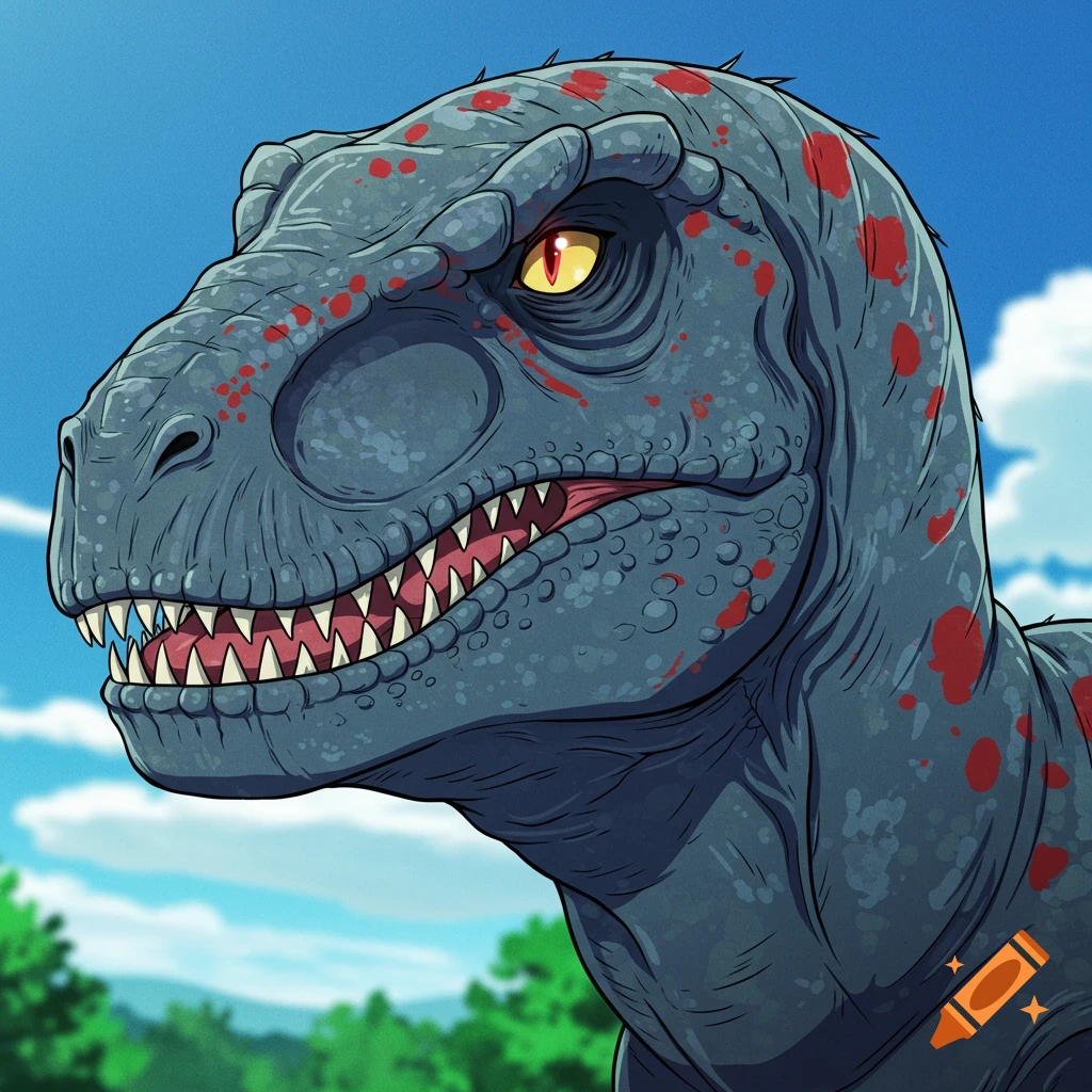 Anime illustration of a blue dinosaur head with red spots