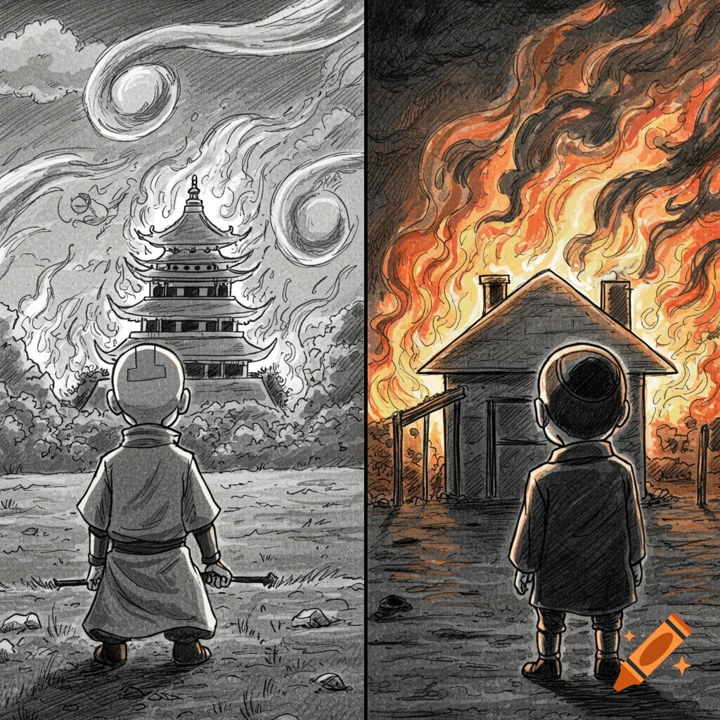 Split drawing of Air Nomad child watching temple burn, and Jewish child watching house burn.