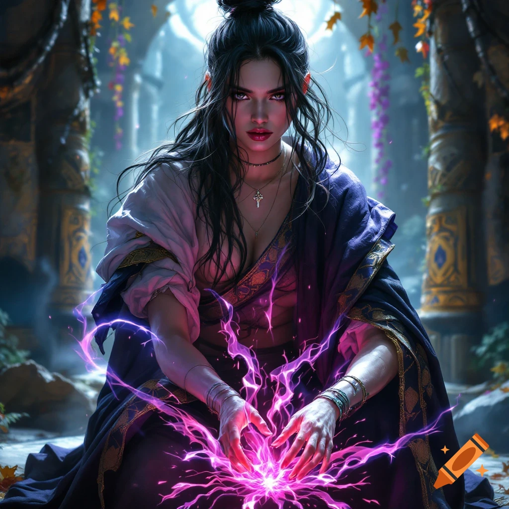 A kneeling woman casts glowing purple magic between her hands in an ancient ruin, digital art.