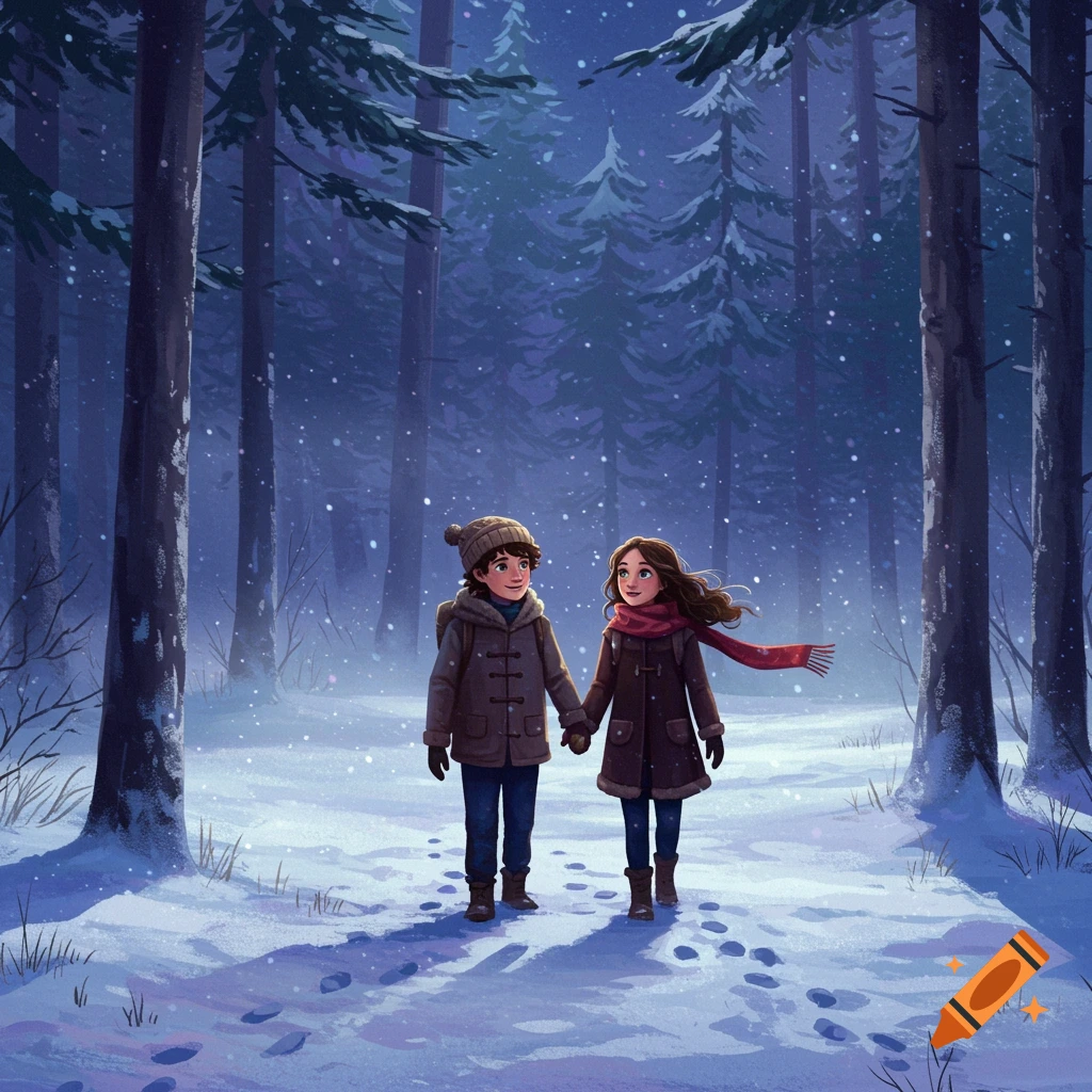 Two children walking hand-in-hand in a snowy forest.