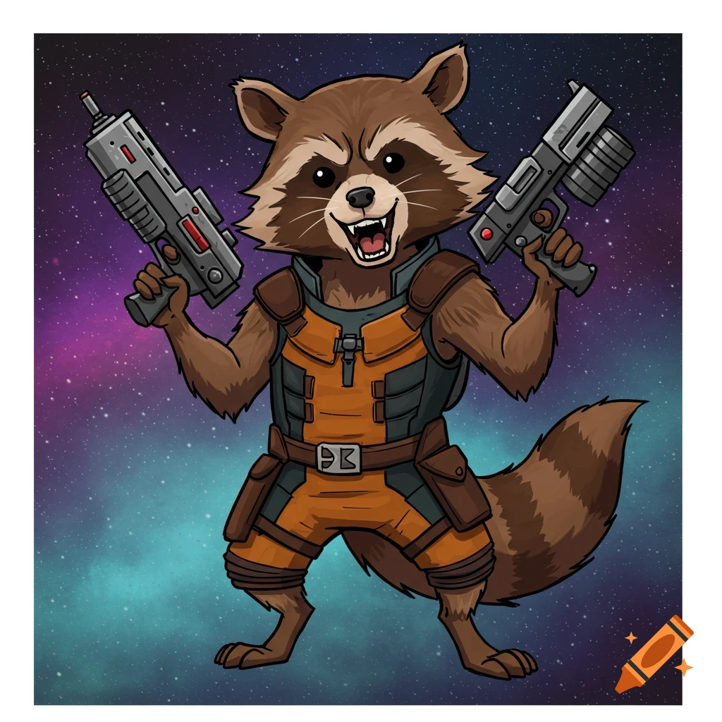 Cartoon Rocket Raccoon holding two large guns in space. on Craiyon