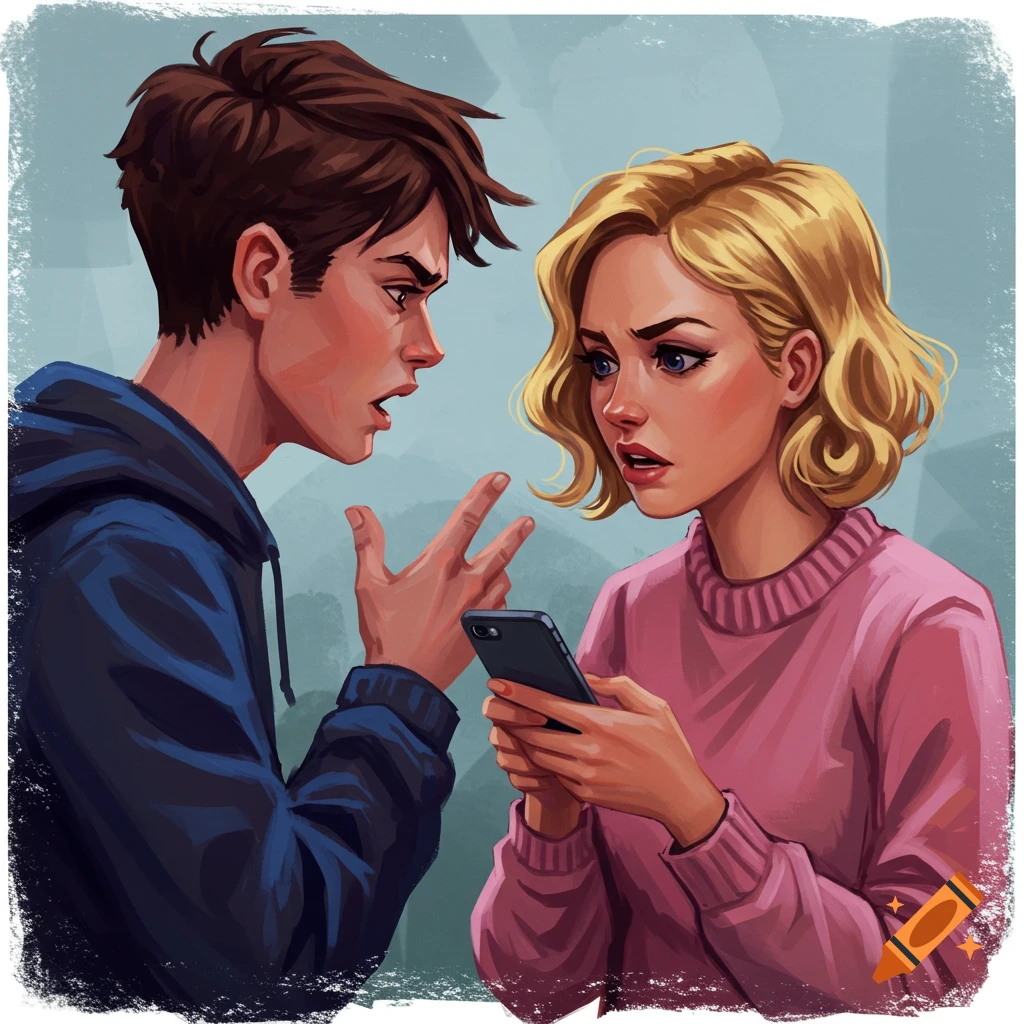 Image of a man arguing with a woman looking at her phone.