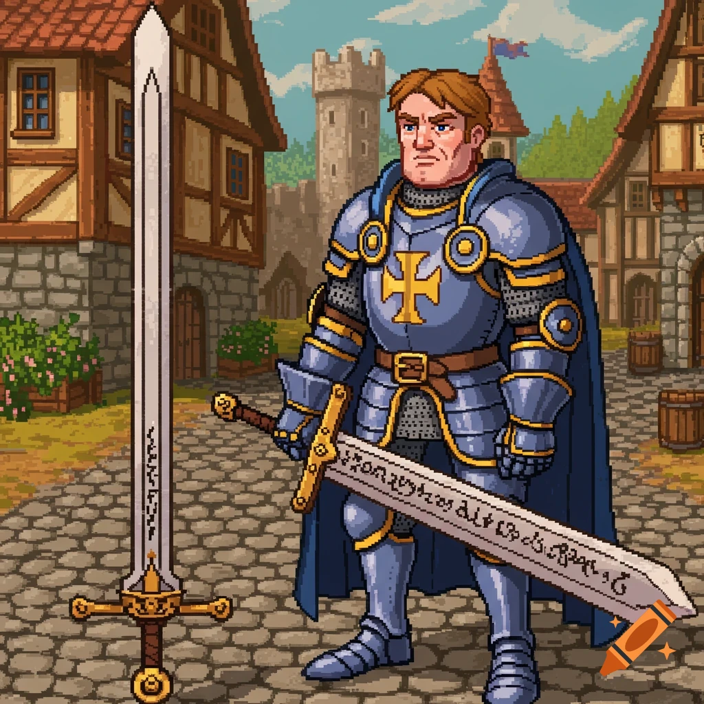 Pixel art of a knight in blue and gold armor holding swords in a medieval town square.