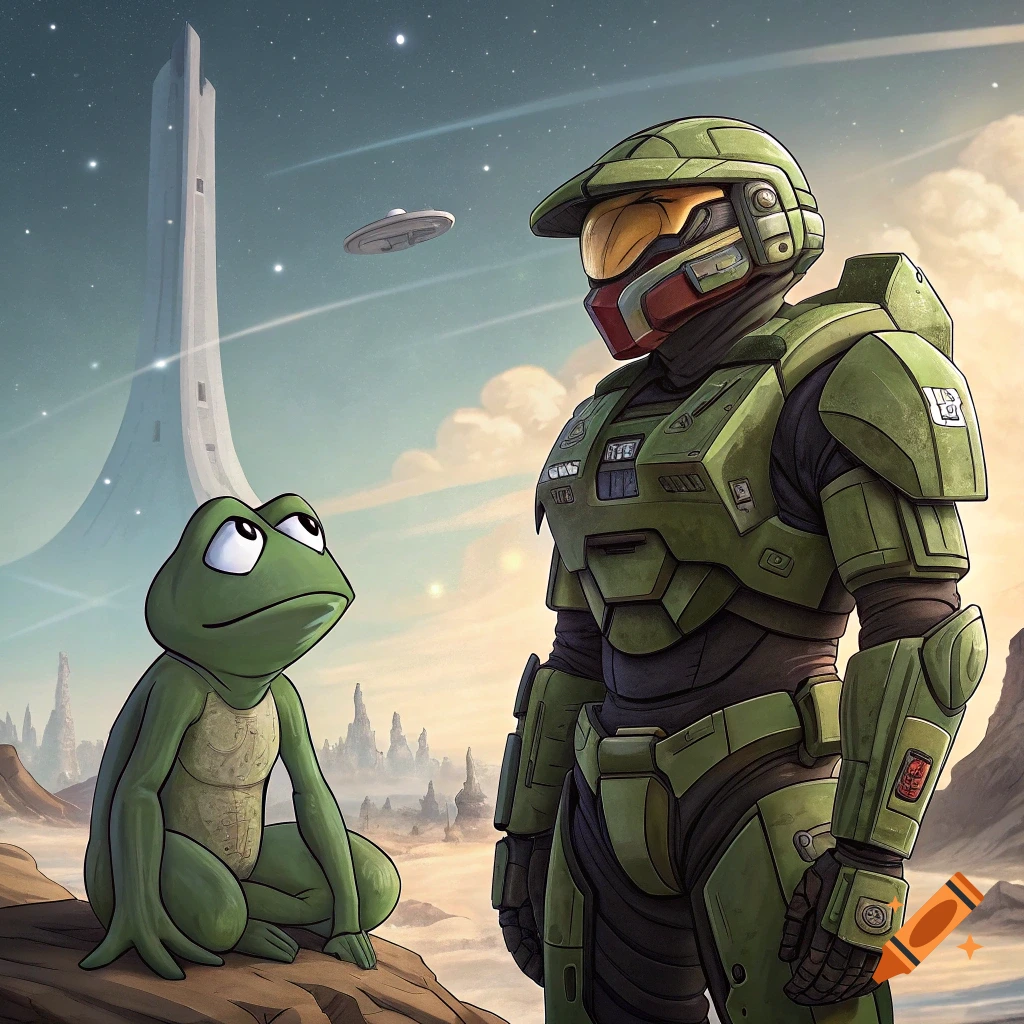 A cartoon frog sits next to a sci-fi armored soldier on a rocky planet with a large structure and ship in the background.
