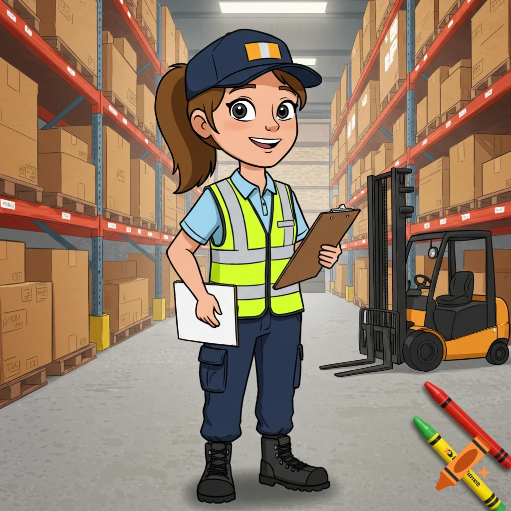 Cartoon female warehouse worker holding a clipboard in a warehouse with boxes and a forklift.